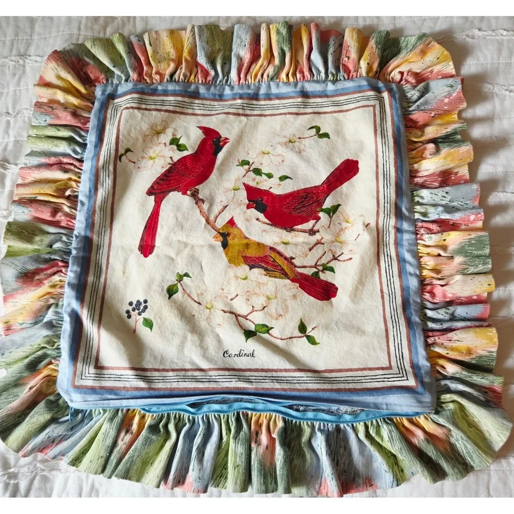 Handmade Cardinal Bird Throw Pillow Cover 21x21 Ruffle Edge Zipper Vintage
